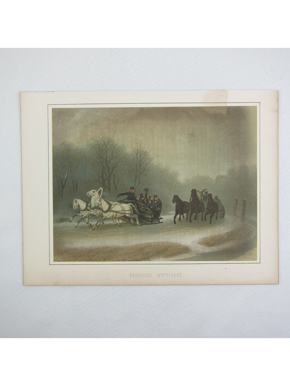 Antique 1862 Color Lithograph Russian Race Horse Sleigh Horses Sleds RARE